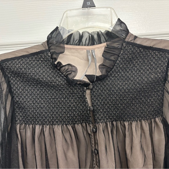 Anthropologie Sheer Black/Tan Lace Whimsigoth Dark Feminine Victorian Blouse, L - Picture 7 of 10